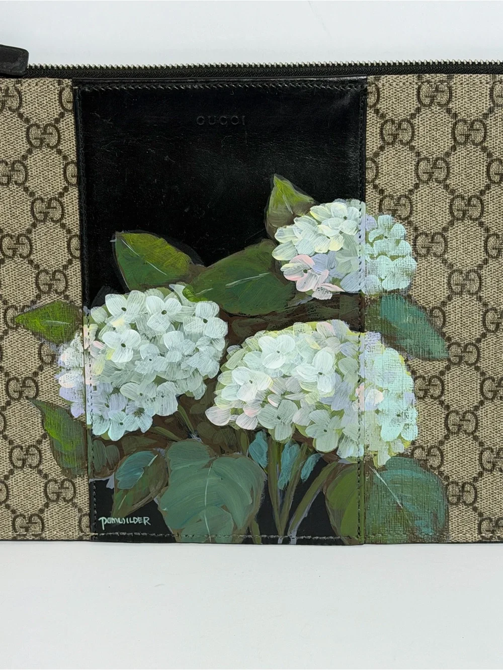 Gucci GG Canvas Clutch with Hand-Painted White Hydrangeas